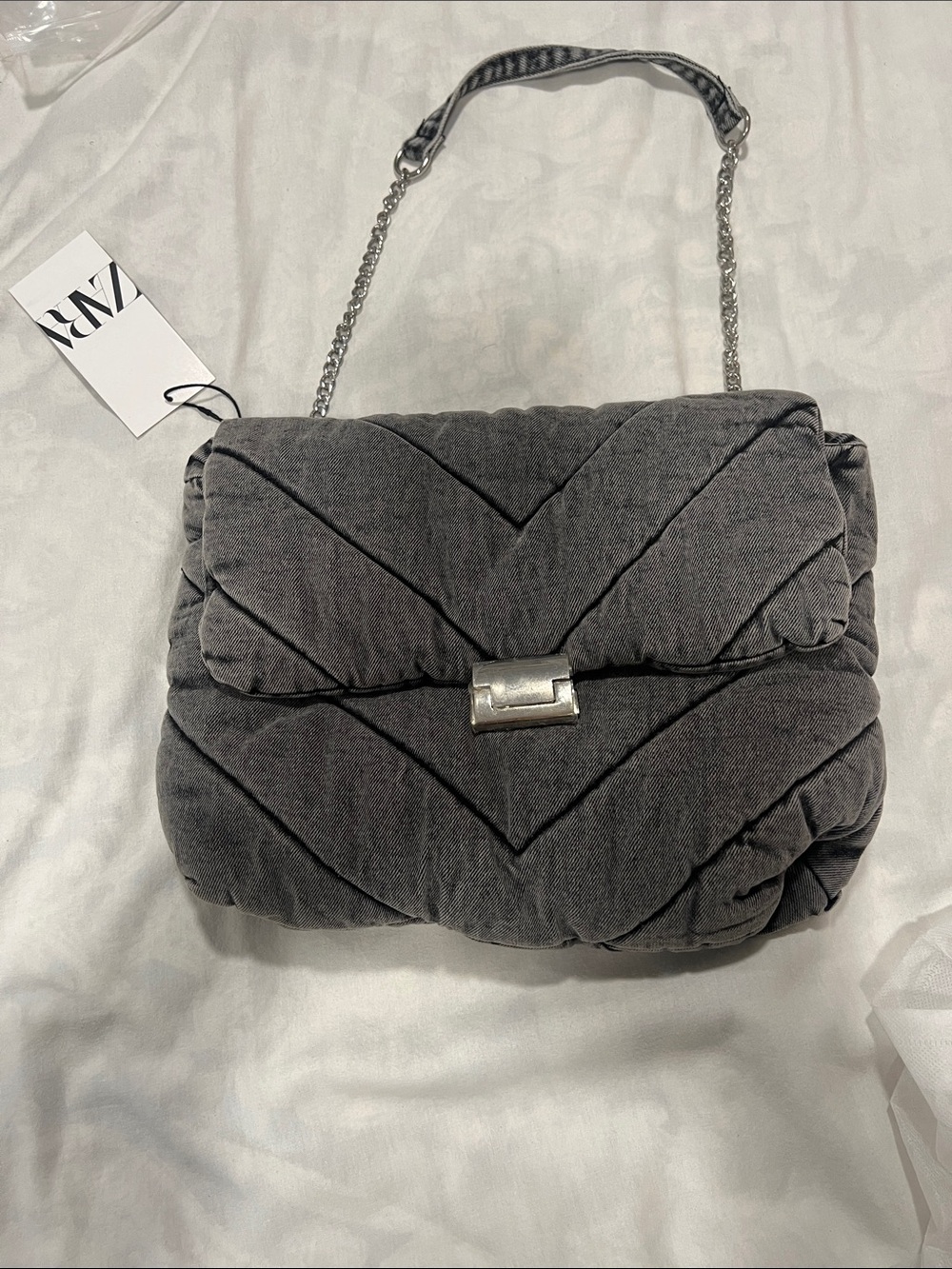 Zara Quilted Shoulder Bag in Dark Gray with Silver Chain - Picture 5 of 5